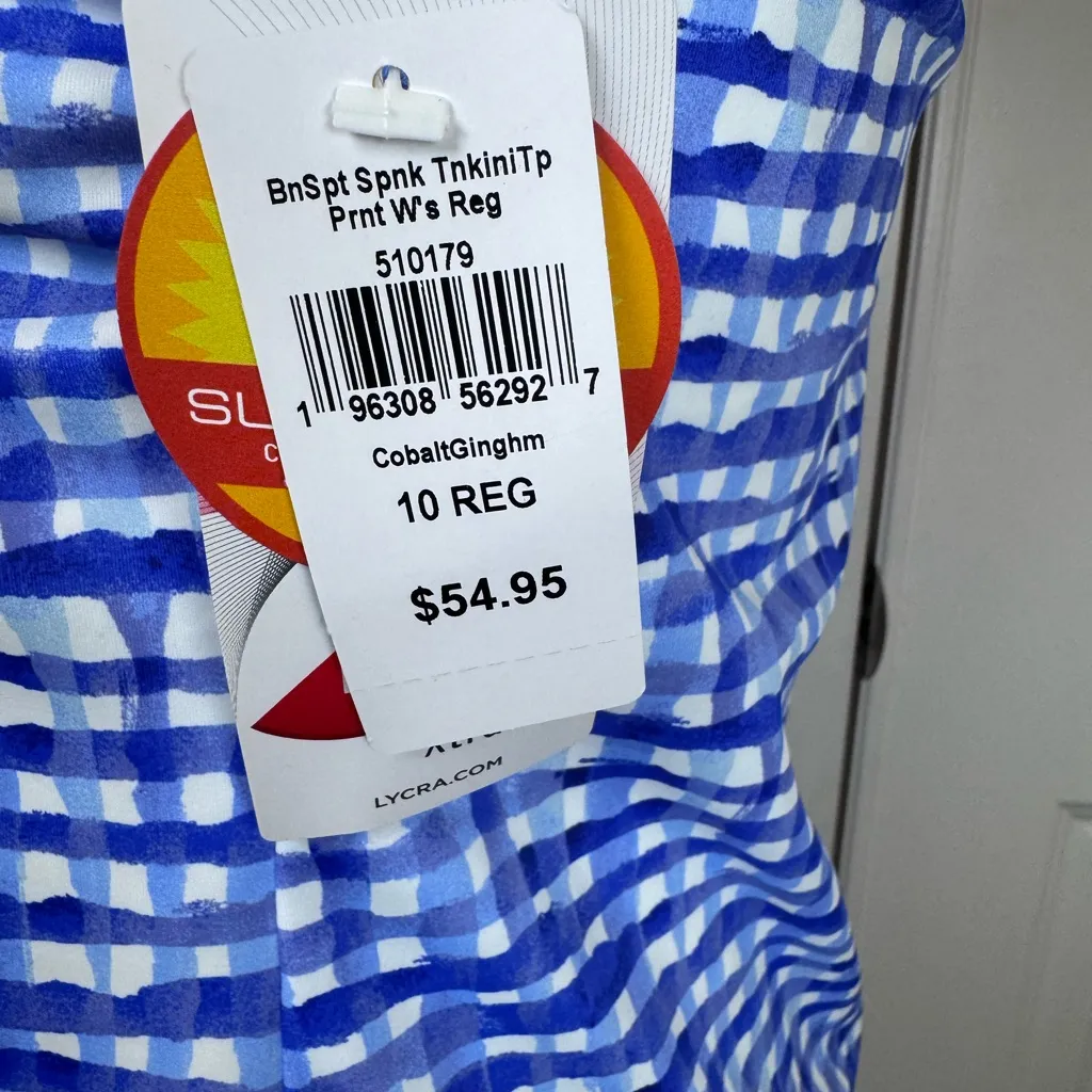 LL Bean SunSmart Tankini Top UPF 50+ Cobalt Gingham Resortwear Swim Tank Size 10 - Image 4