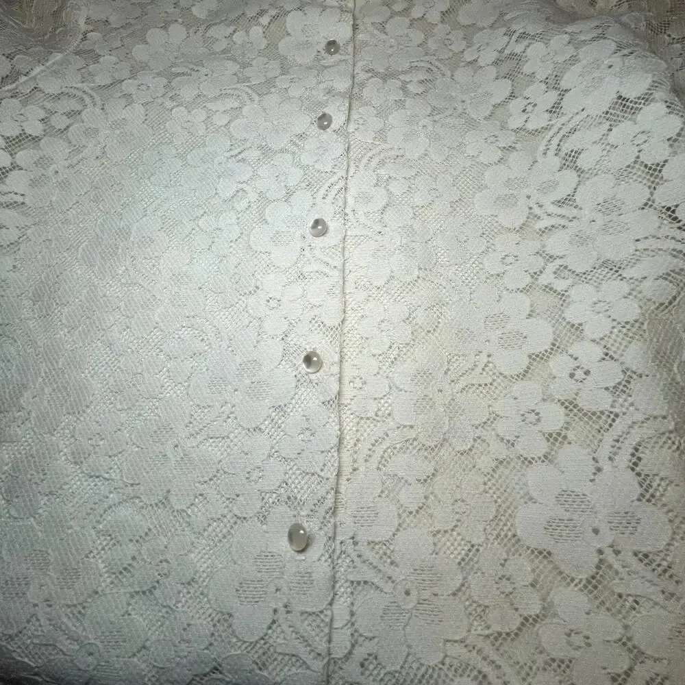 Vintage Sunny South Dallas Lace Blouse 80s Sheer Floral Ruffle Pearl Button Sz 8 - Image 7