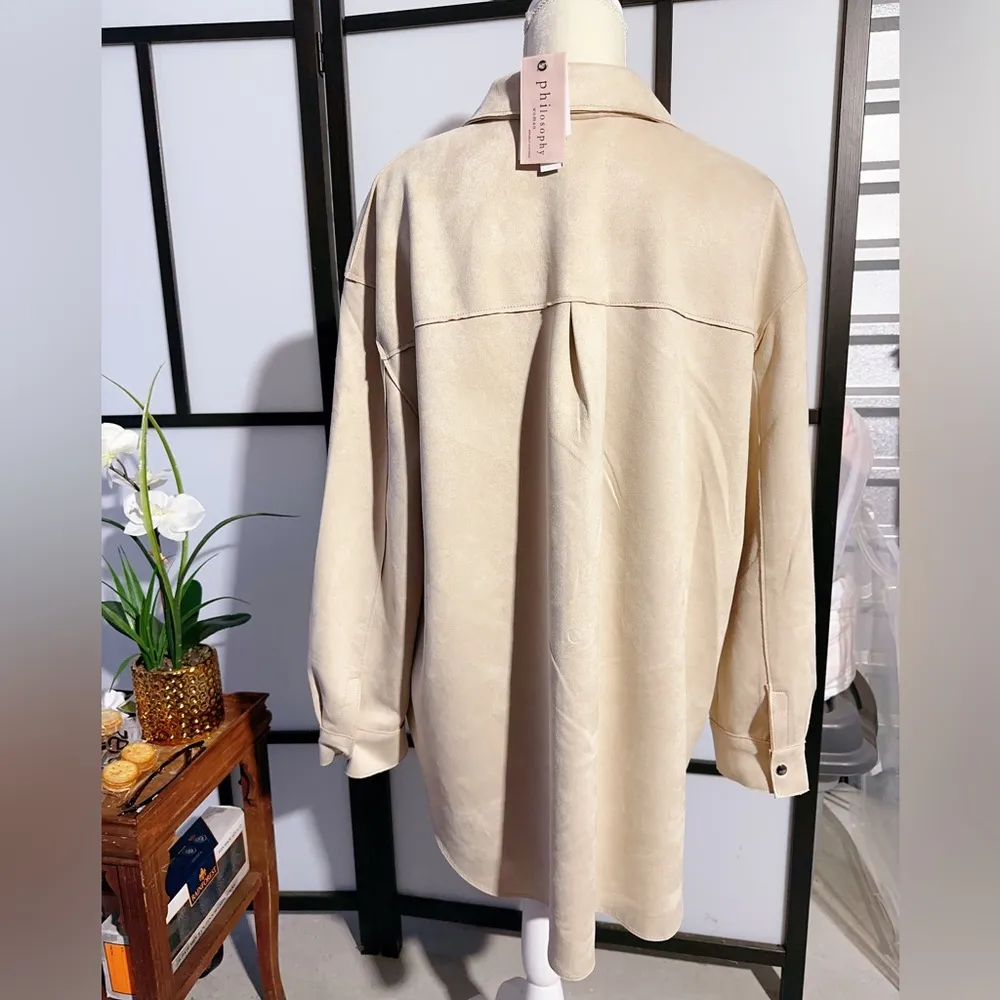 Philosophy 2X plus velvet faux leather soft lined jacket beige cream button up - Image 4