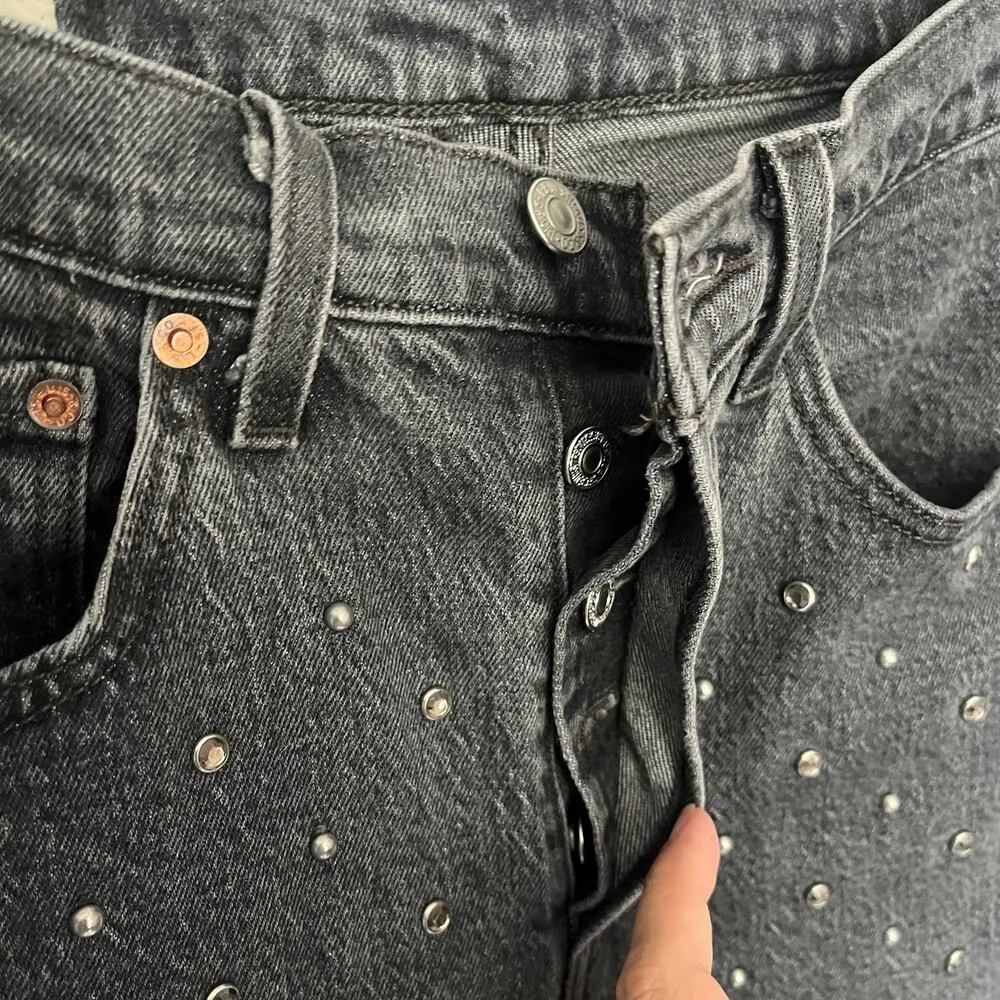 LEVIS 501 Bling Womens Jeans Sz 26x26 Black Wash Crystals Silver Stud Custom - Image 4