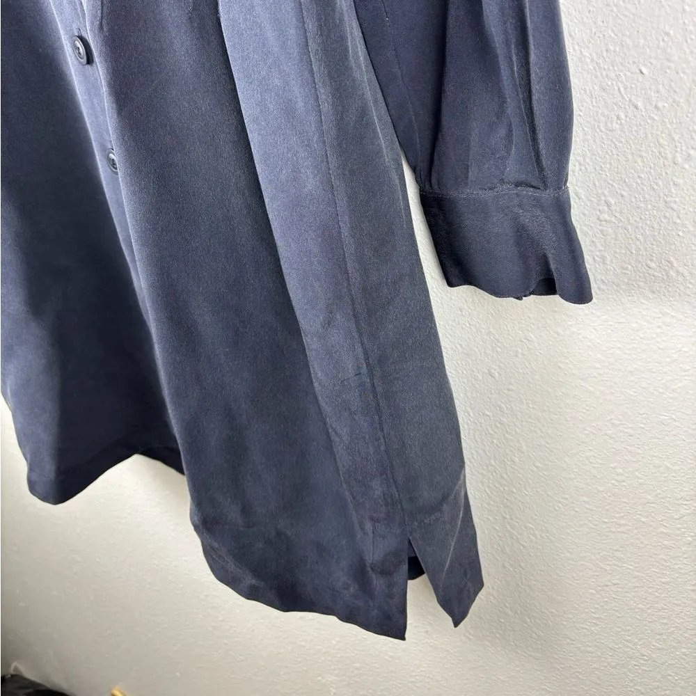 Vintage AKA Eddie Bauer 100% Silk 8 Navy Blue Long Sleeved Button Up Shirt Dress - Image 5