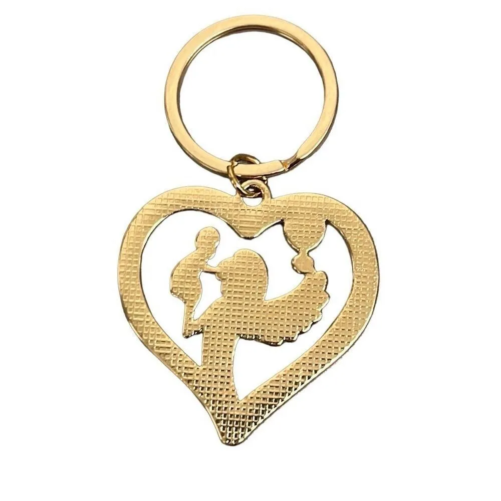 Angel and Child Baby Heart Shaped Gold Tone Faux Diamond Keychain NEW - Image 2