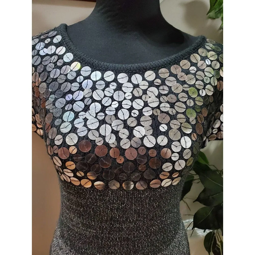 Lapis Women Gray Sequin & Cotton Round Neck Short Sleeve Knee Length Dress L Size L - Image 5
