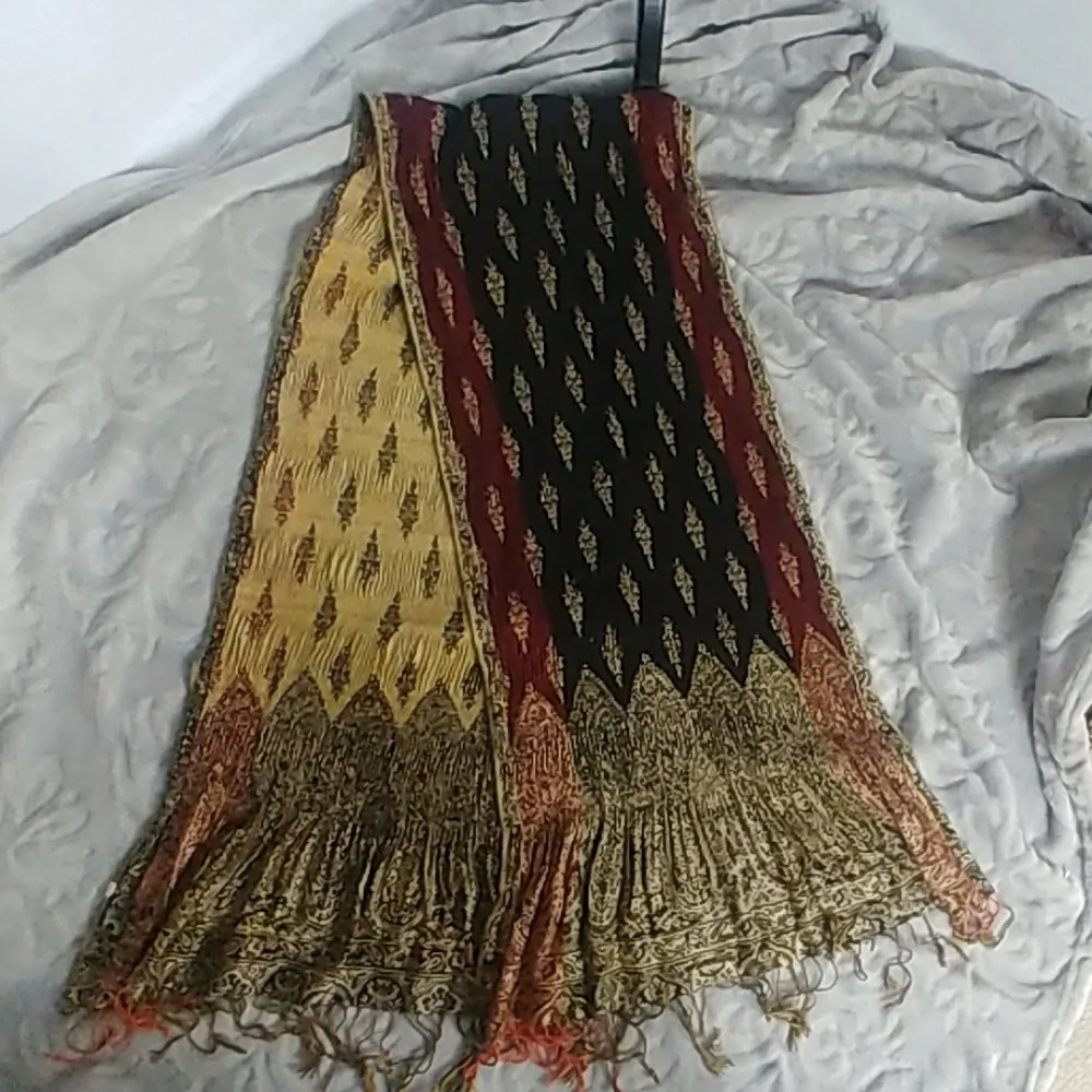 Bohemian Print Scarf / Wrap with Fringe Black - Image 3