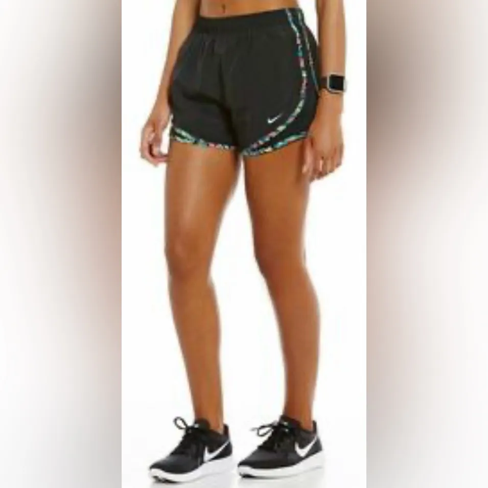 Nike Dri Fit Tempo Women’s Sz M Black/Neon Splatter Print Trim Athletic Shorts - Image 2