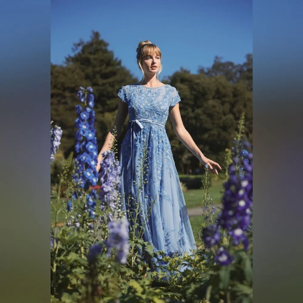 MAC DUGGAL 14521 Blue Floral Embellished Short Sleeve Mesh Gown Dress - Image 4