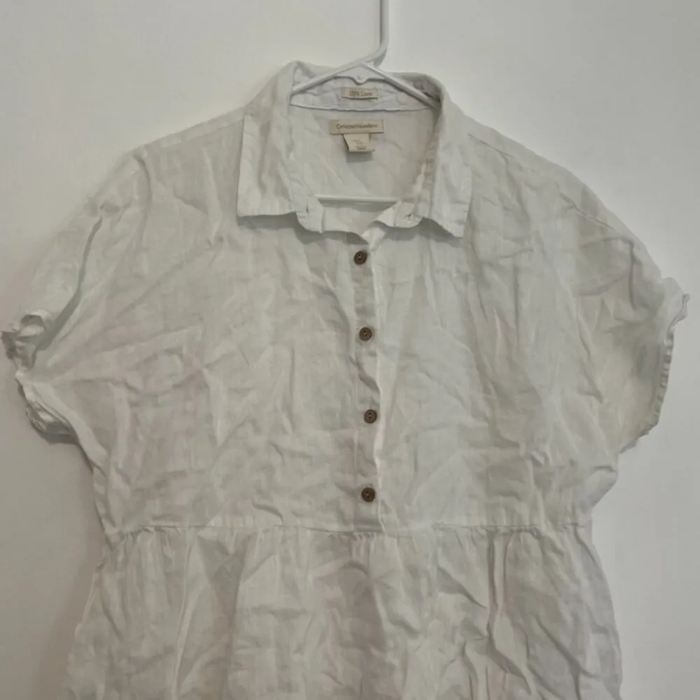 CATHERINE MALANDRINO Solid White Popover Short Sleeve 100% Linen Peplum Blouse M - Image 4