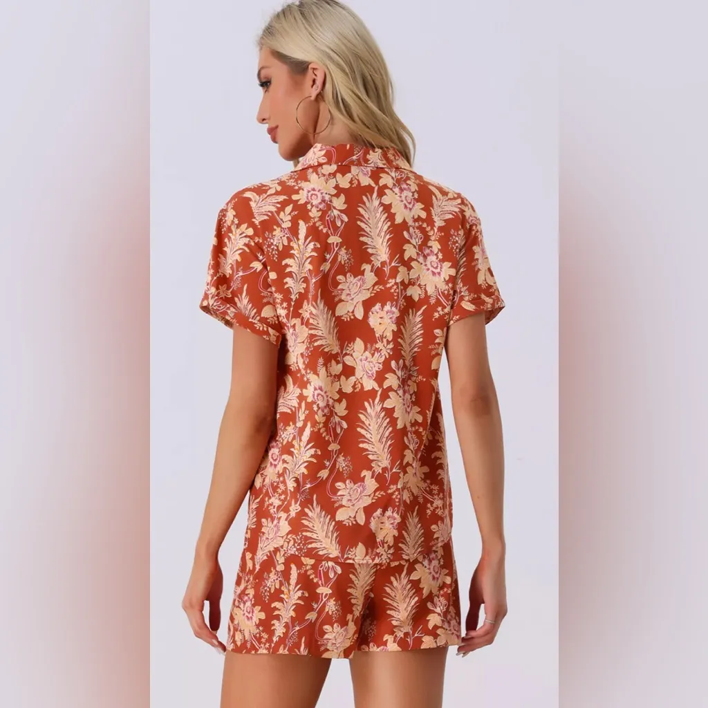 En Creme Floral Top and Shorts Set Red - Image 2