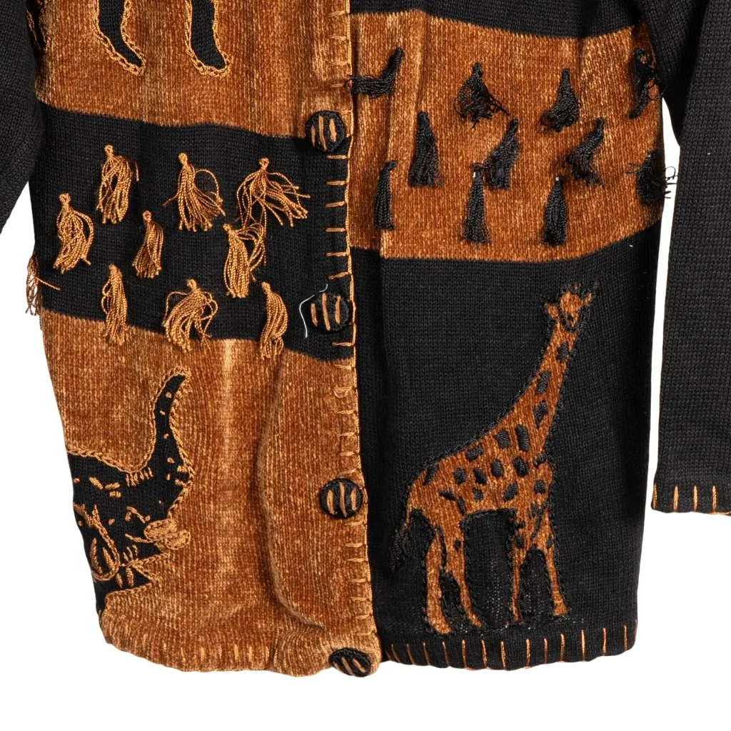 VTG Sweater S 90s MomCore Safari Black Brown Wild Animal Cardigan Buttons Tassel - Image 3