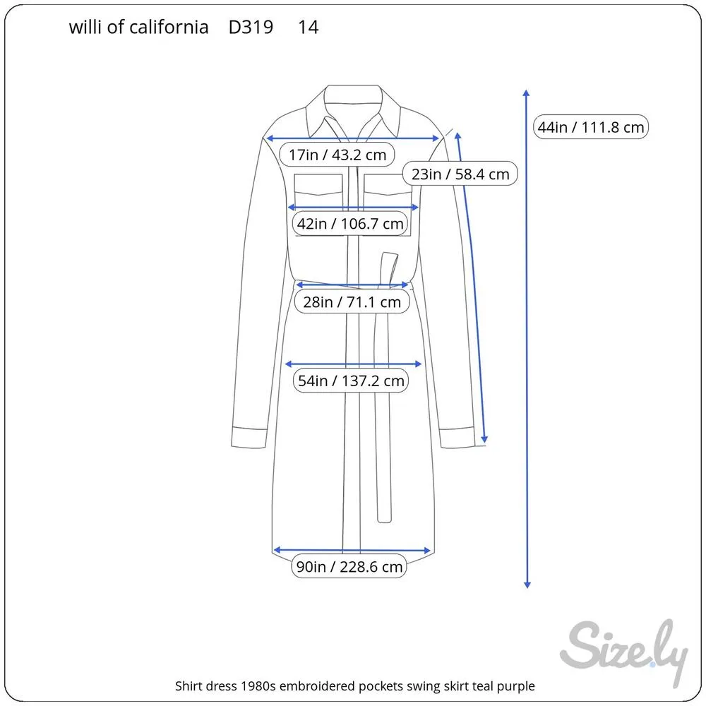 Shirt dress 1980s embroidered pockets swing skirt teal purple Green Size 14 - Image 2