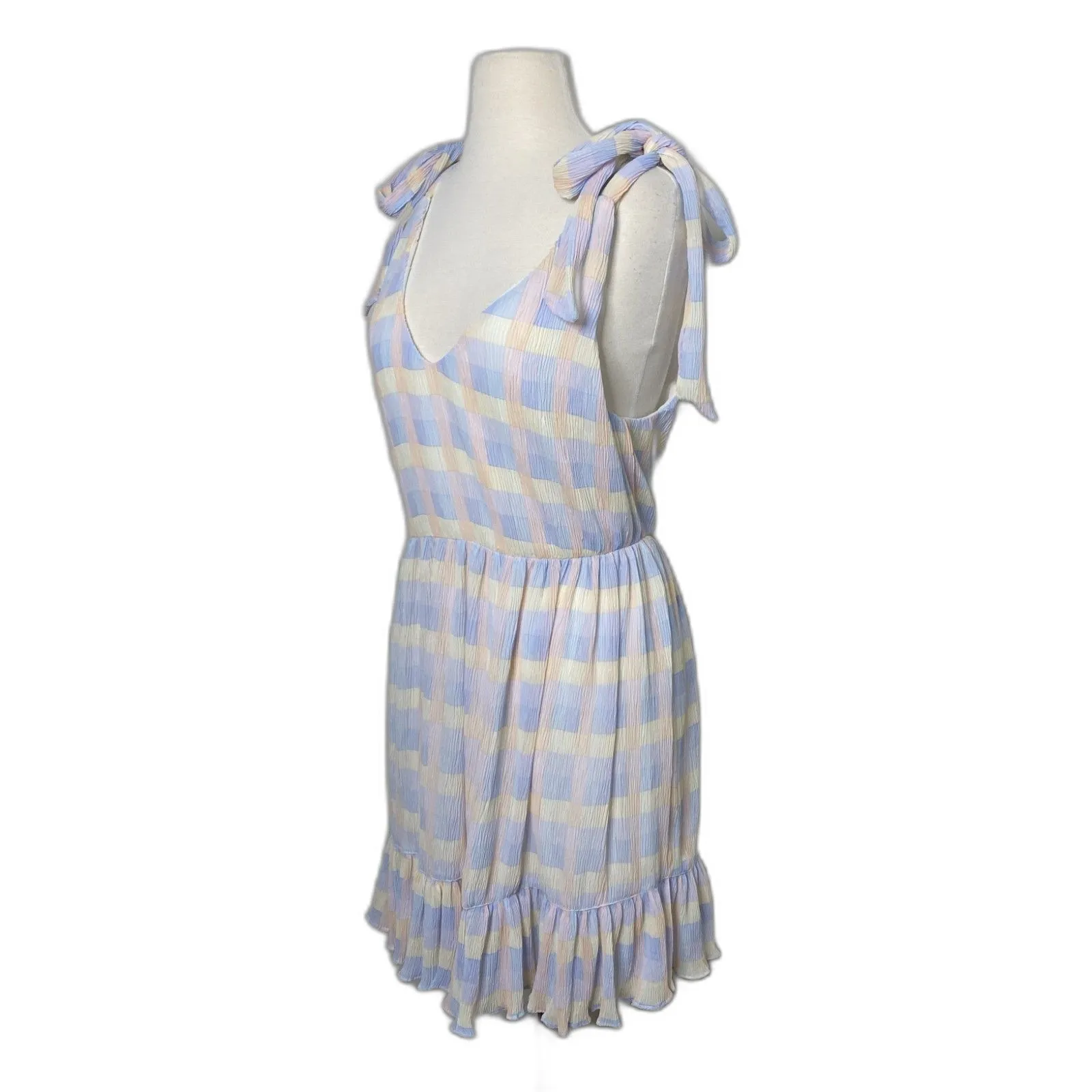 Meet Me in Santorini Pastel Check Dress Tie Straps Lined Mini Cottagecore Sz S Pink - Image 3