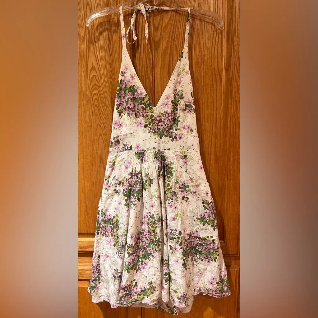 Anthropologie x Anna Sui Hidden Grove Floral Silk Ruched Halter Dress Size 8 - Image 9