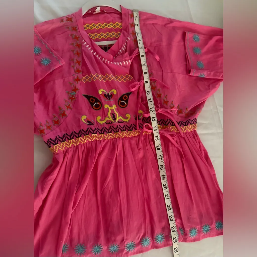 Frances Valentine Blouse Womens M Pink Embroidered Barbiecore Wrap Boho Tunic Size M - Image 7