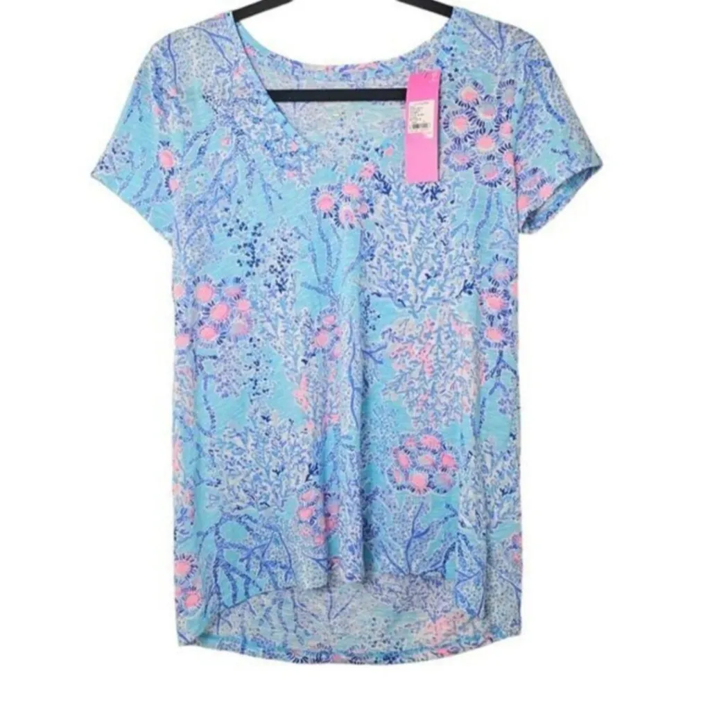 Lilly Pulitzer Etta V-Neck Blue Ibiza Now‎ You Sea Me 100% Cotton Short Sleeve - Image 9