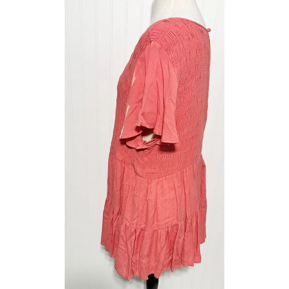 Torrid Women's Babydoll Crinkle Gauze Smocked Top Blouse Tiered‎ Coral Pink 3X - Image 4