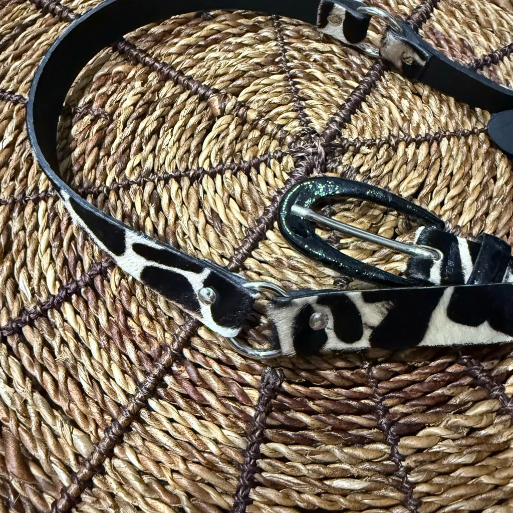 Garuglieri Belt L Black White Leather Fur Giraffe Print Animal‎ Western Boho 38” Size L - Image 5
