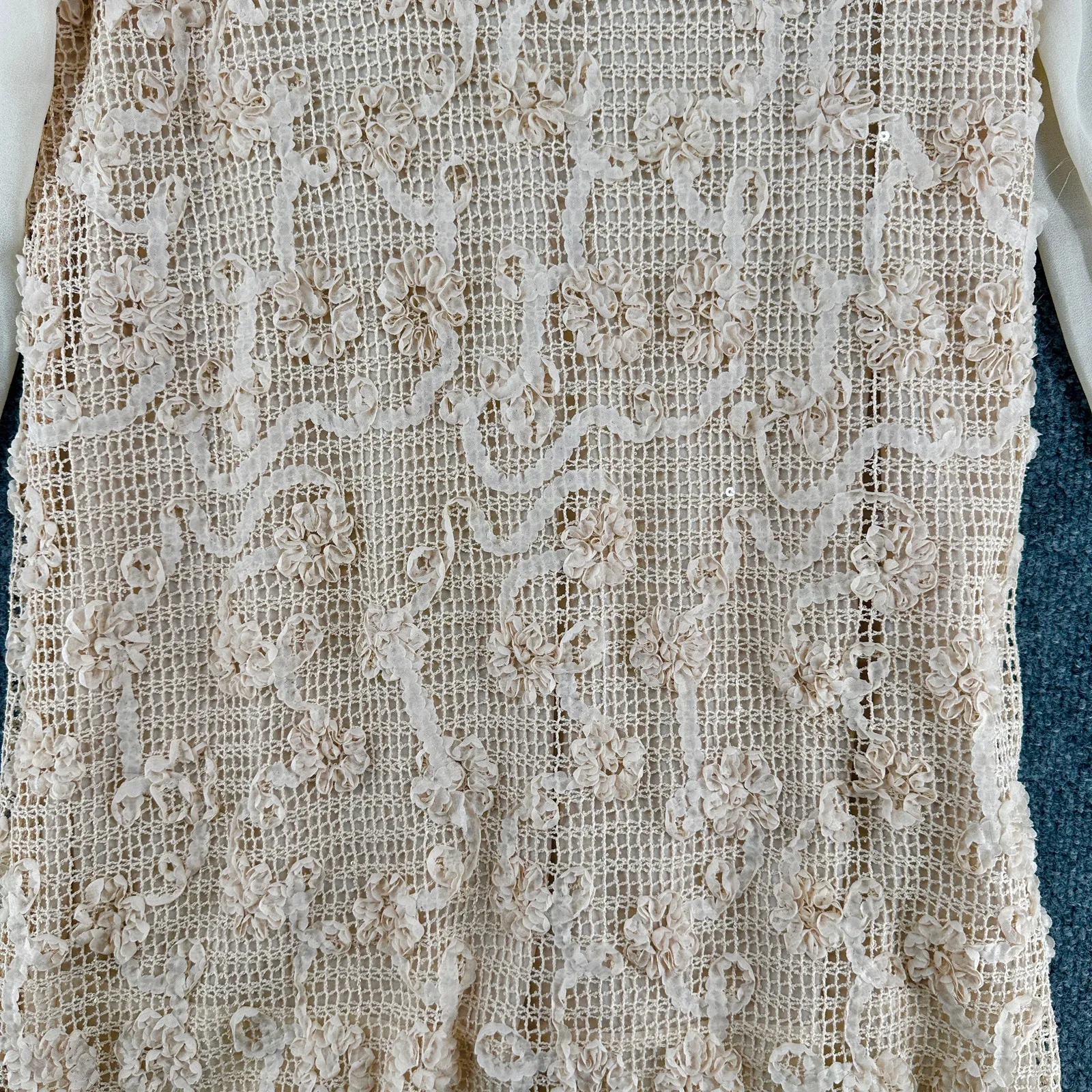 Blu-Pepper White and Cream Lace Crochet Shift Dress Long Sleeve Lined Sheer  S - Image 6