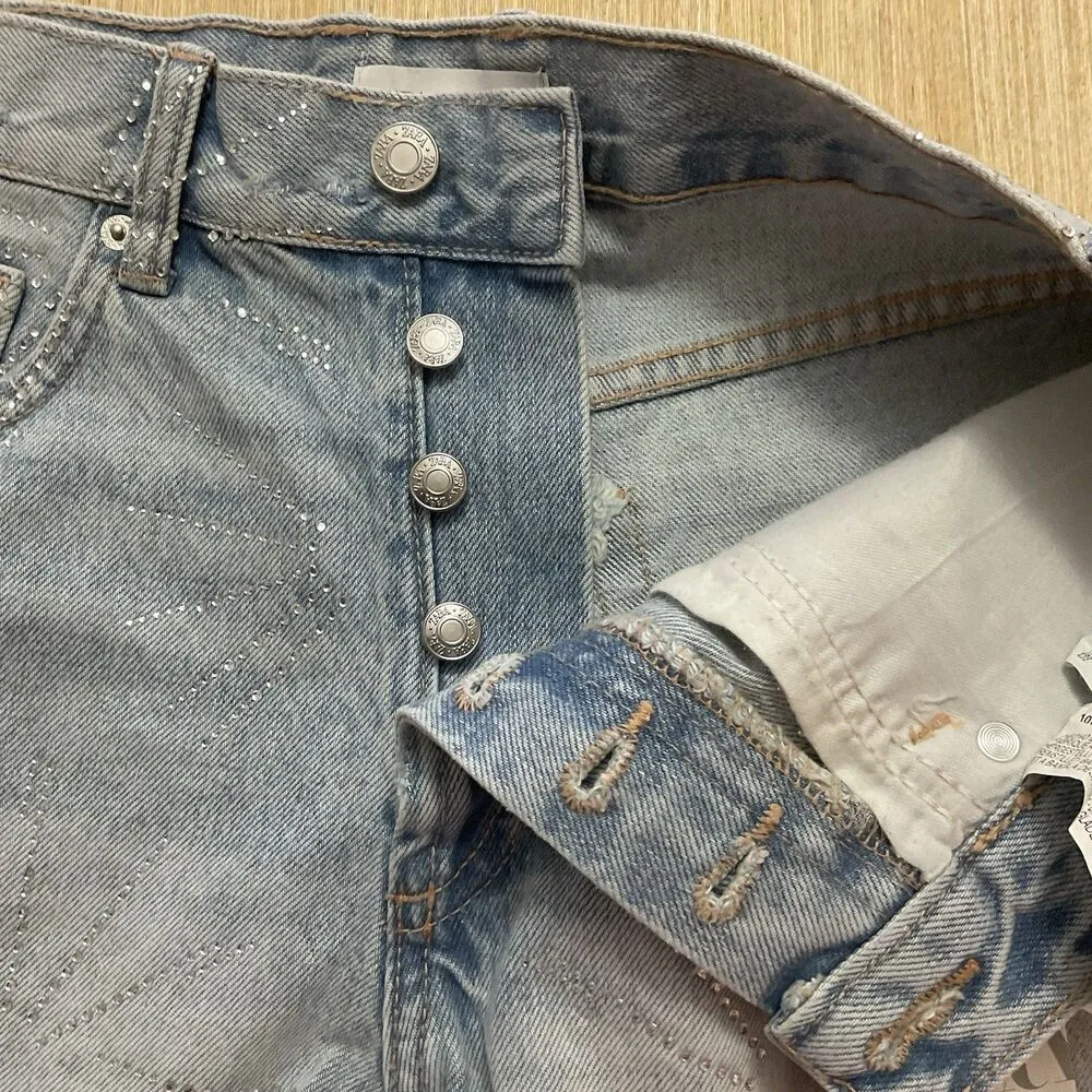 Zara Women’s Light Blue Button Fly Cut Off Raw Hem Shorts Rhinestone Size 2 New - Image 5