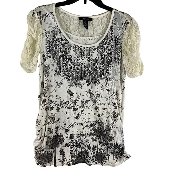 Style & Co Cream and Black Dandelion Wishes Top with Lace Sleeves Size Medium - Image 9