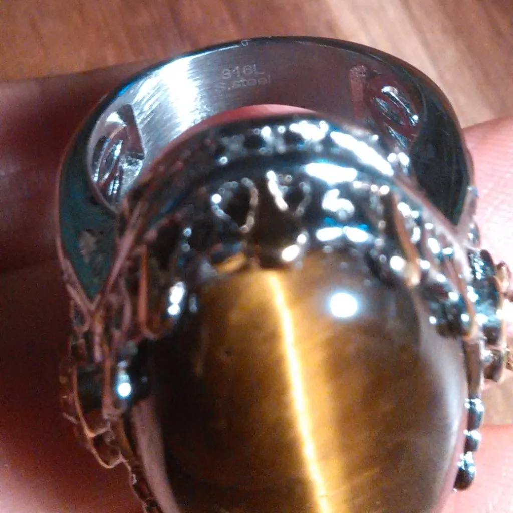 Tiger's Eye And Champagne Color Austrian Crystal Stainless Steel Ring (Size 7) - Image 7