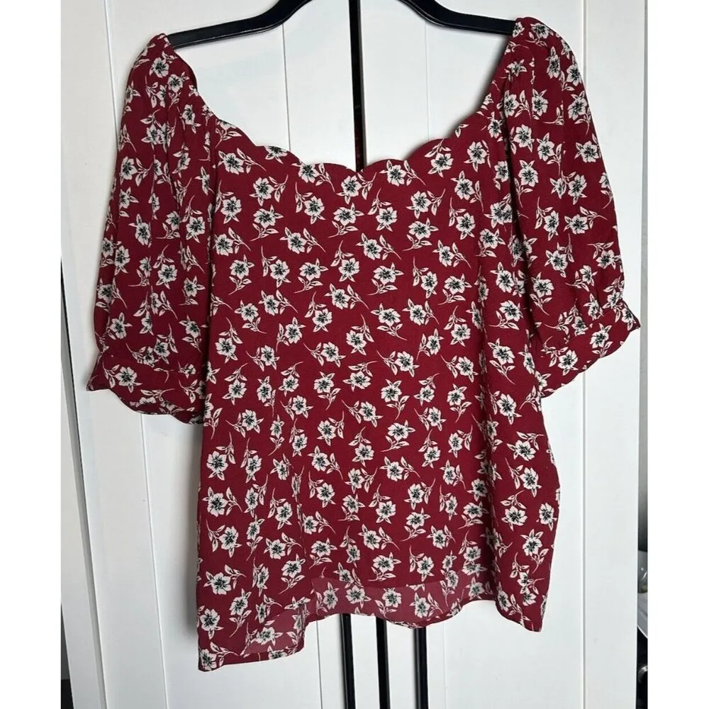 Monteau Women’s Red Floral‎ Balloon Short Sleeve Top M Pullover Scallop Detail - Image 6