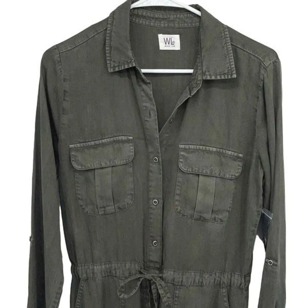 Wash Lab Womens Cinched Waist Chambray Wake Me up Jumpsuit Army Green‎ XS NWT Green - Image 4