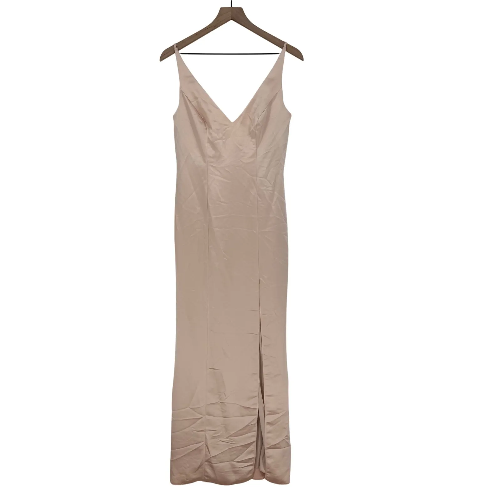 After Six Beige Satin V Neck Spaghetti Strap Floor Length Gown Dress Sz 4 - Image 2