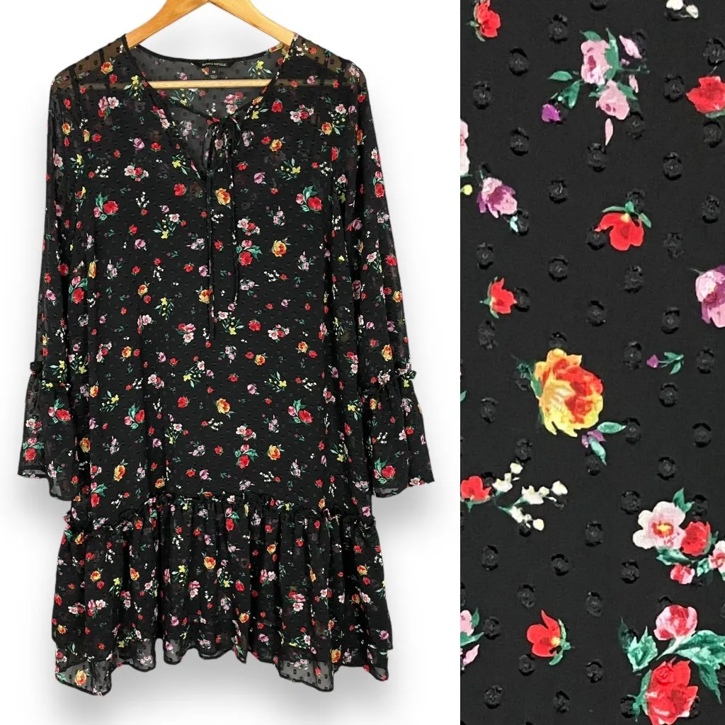 Banana Republic‎ Floral Dress Clip-Dot Ruffle Drop Waist Sheer Long Sleeves Med - Image 3