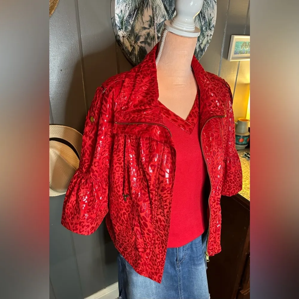 Vintage Red Leopard Print Jacket & Sleeveless Shirt Combo Medium - Image 2