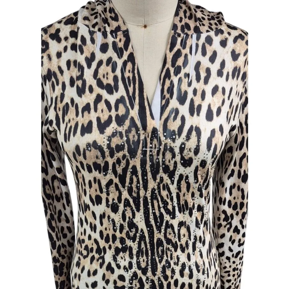 Kristine Accessories Animal Print Bedazzled Poly Spandex Tunic Top Hoodie Sz M Black Size M - Image 2