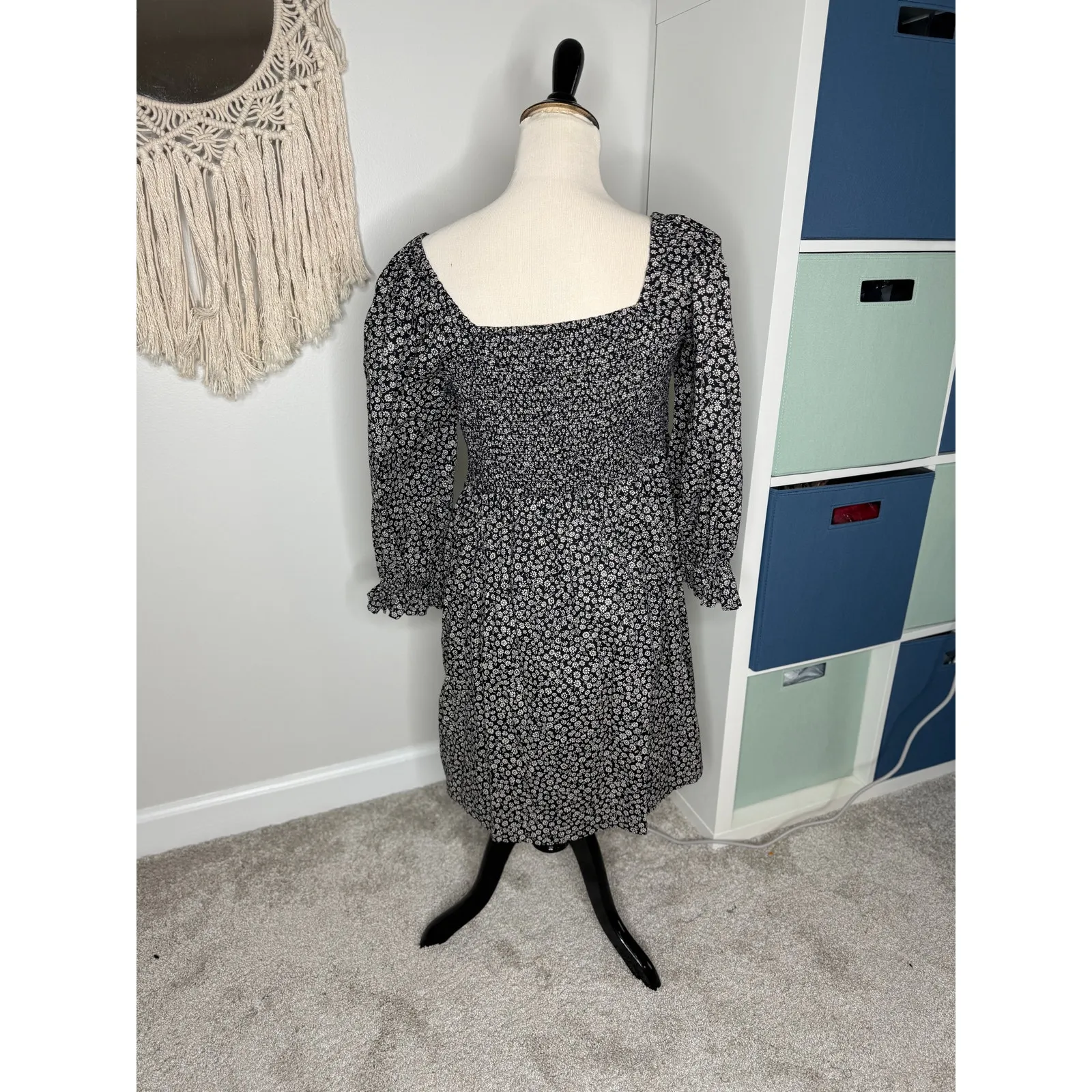 Madewell Lucie Elbow Puff Sleeve Smocked Mini Dress Black White Ditsy Floral M - Image 3