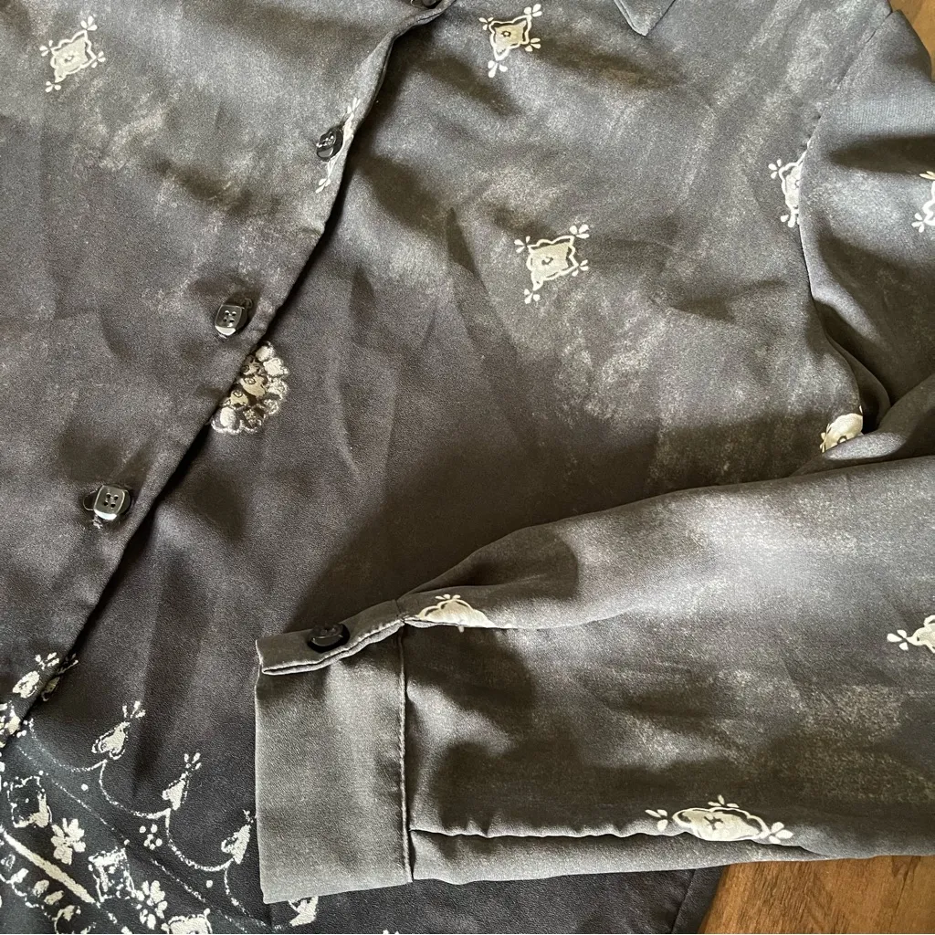 Vintage Black & Grey Boho Patterned Button Down Tunic Blouse Size 10 - Image 4