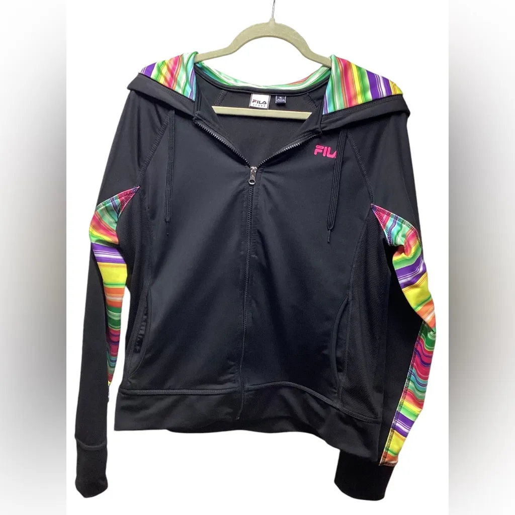 FILA Y2K zip up hoodie. Women’s size XL. Black with multi color accents - Image 3