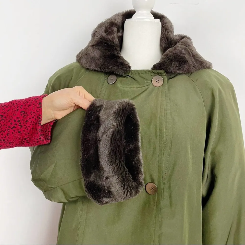 VTG Larry Levine Double Breasted Maxi Long Trench Coat Green Hooded faux Fur M - Image 12