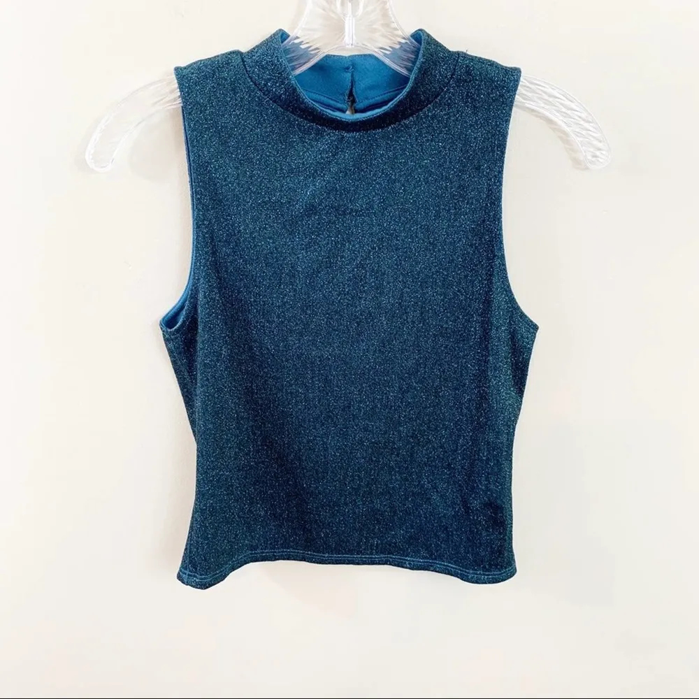 Topshop Glitter High Neck Cropped Teal Top - Image 2