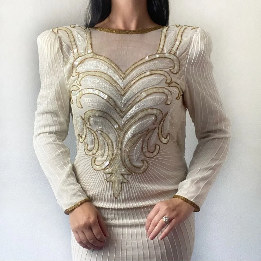 Vintage Creative Creations Cream Silk Sequin Beaded Dress Size Small - Image 3