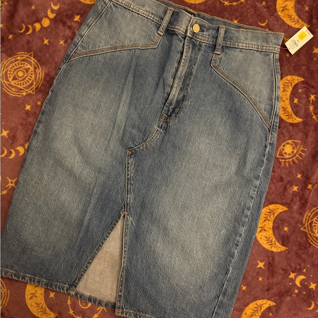 Denim Midi Skirt with Front Slit Blue Size undefined - Image 2