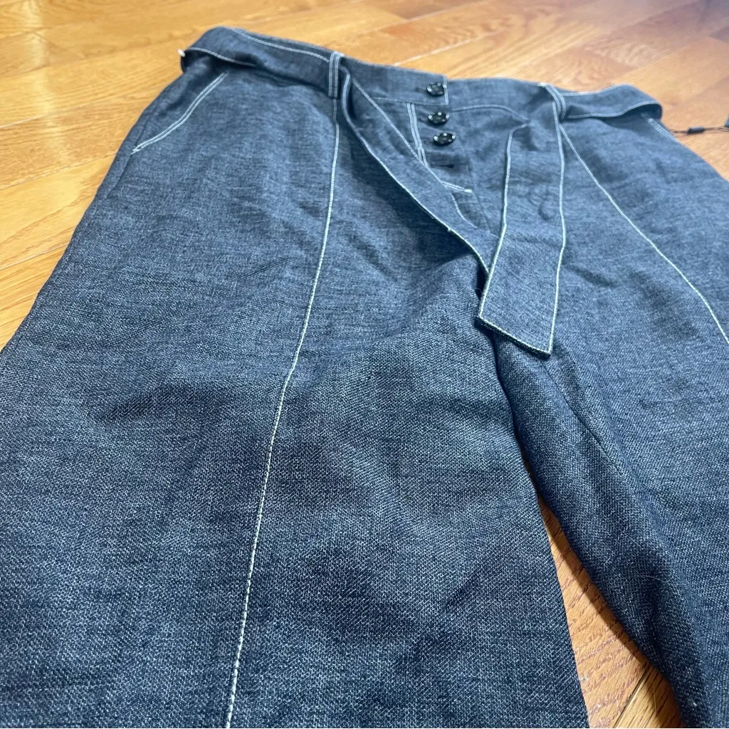 Donna Karan New York Linen Blend cropped pants with belt Blue Jean wide leg 12 - Image 3