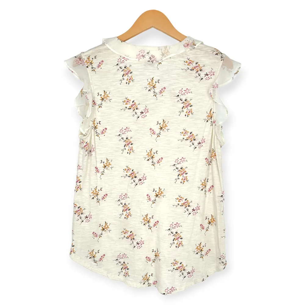 Lucky Brand | Large | Cream Floral Print Ruffle V-Neck Flutter Sleeve Top Blouse - Image 6