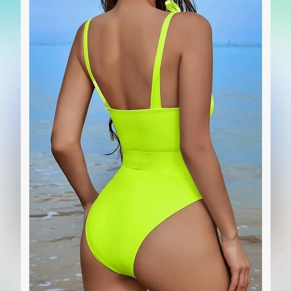 QINSEN Neon One Piece Swimsuit with Adjustable Tie Straps & Belt NEW Green Size XL - Image 3