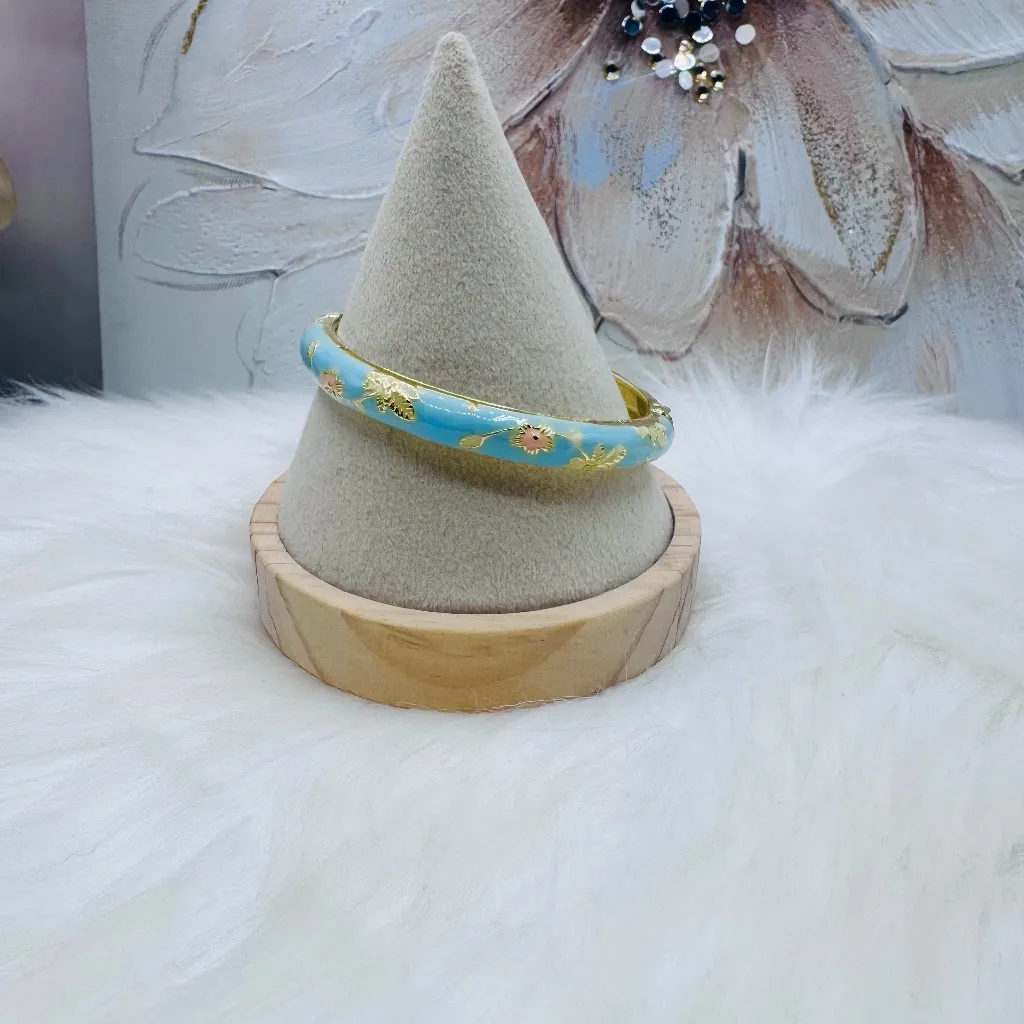 Blue Bangle w/ pink Flower Enamel Cloisonne Bracelet Bangle - Image 4