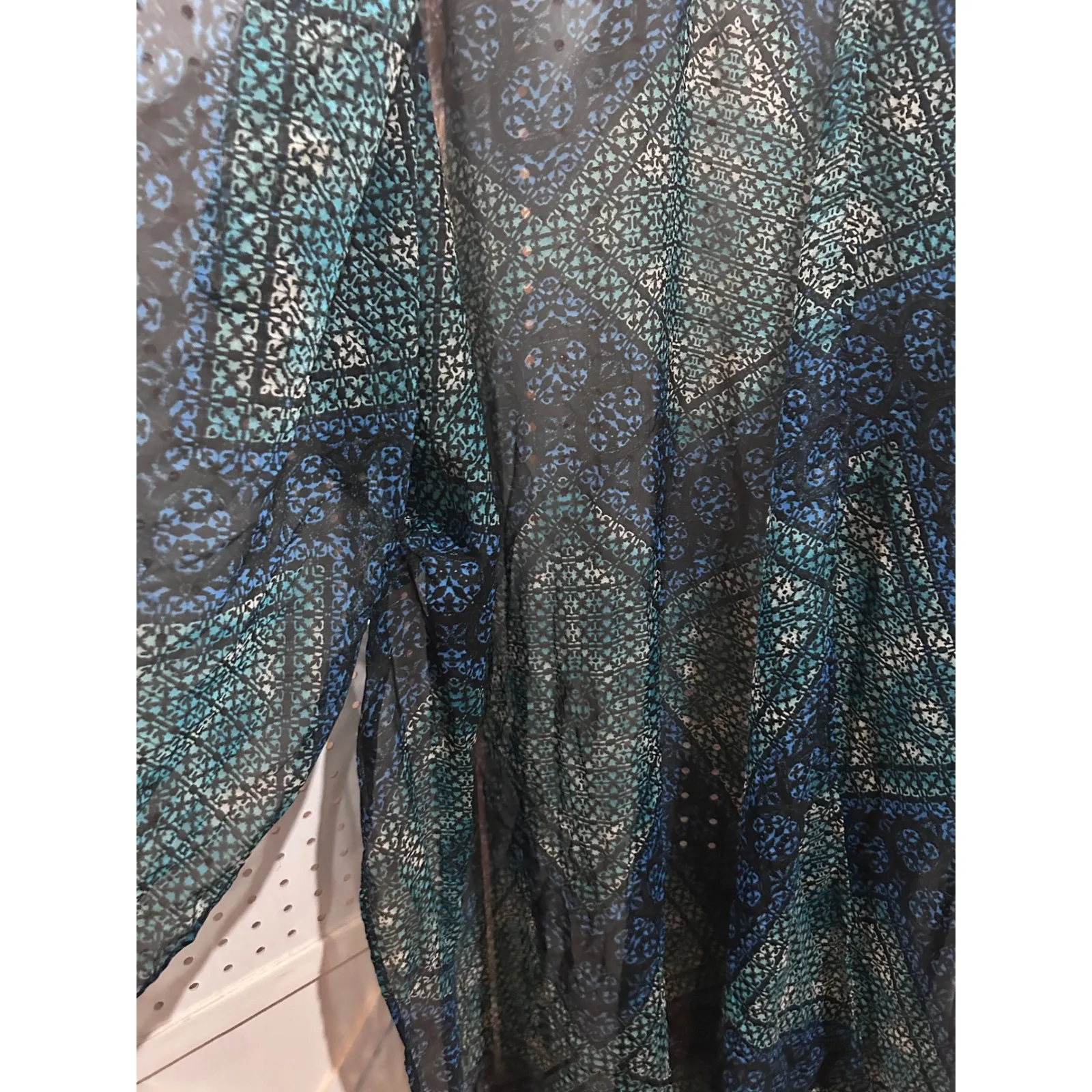 BCBGENERATION Blue Teal Geometric Print Sheer Duster Kimono Cardigan - Image 9