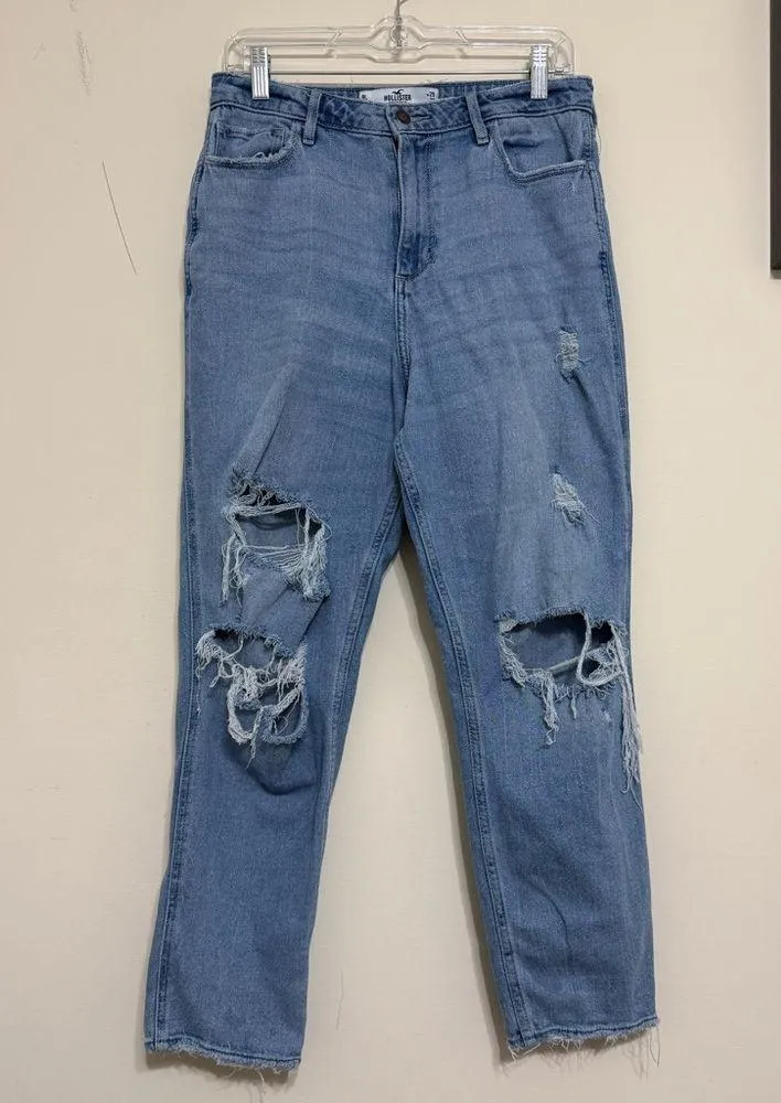 HOLLISTER High-Rise Mom Jean Curvy Distressed Ripped Blue Ankle Stretch size 9 - Image 2