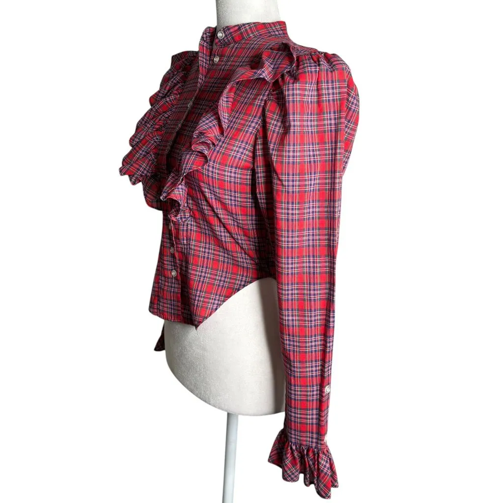 Vintage 80s Nordstrom Point Of View Red Plaid Ruffle Button-Up Blouse Size XS - Image 3
