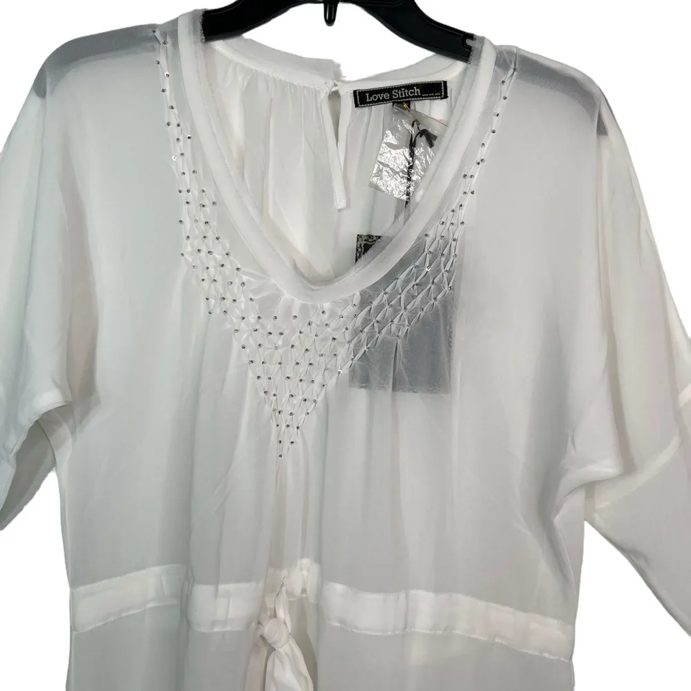 Love Stitch White Sheer Sequin Trim Tunic V Neckline Front Tie NWT S - Image 3