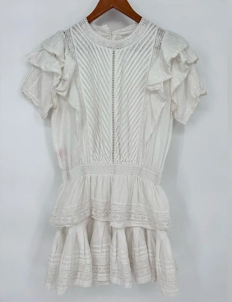 Maia Bergman Mery Dress White Eyelet Lace Mini Flutter Ruffle Layers Medium - Image 3