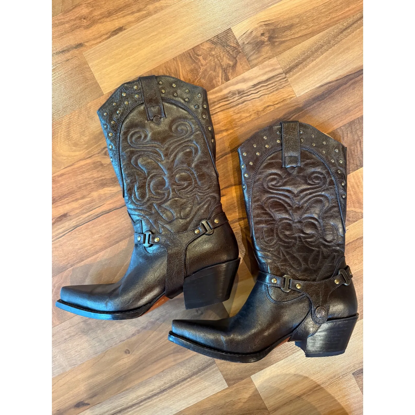 Womens bronze Leather Western Cowboy Boots Studded Harness‎ Detail Pointed Toe 6 - Image 2