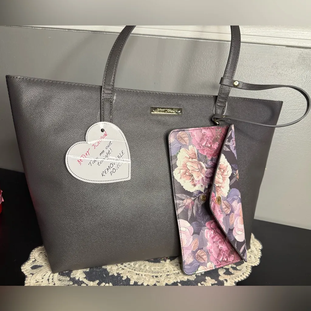 Betsey Johnson Gray Tote Bag with Removable Floral Pouch NWT - Image 3