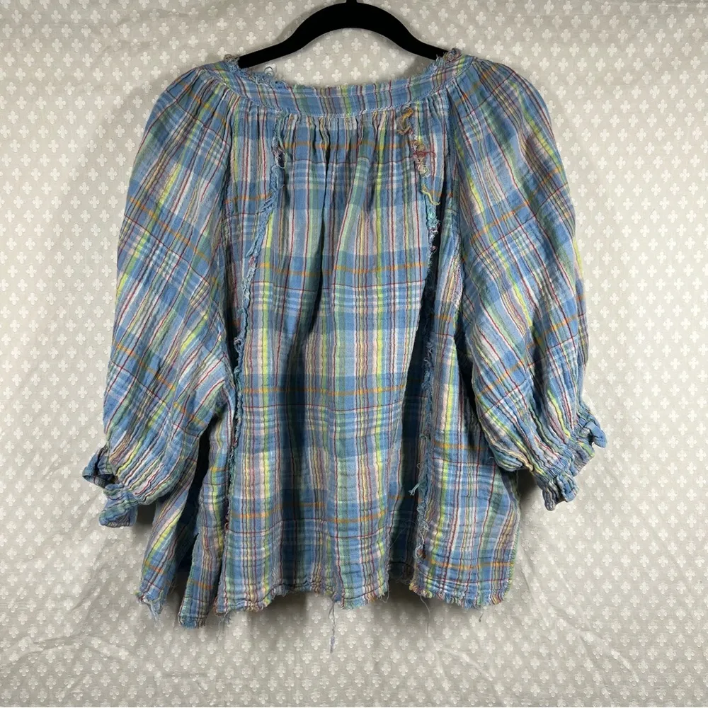 Free People We‎ The Free Blue Lucy Plaid Swing Cotton Button Up Top - Image 7