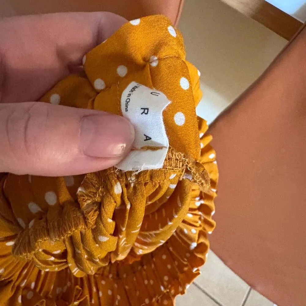 EXLURA Women's High Waist Mustard Yellow Polka Dot Pleated Midi Skirt w Pockets - Image 4